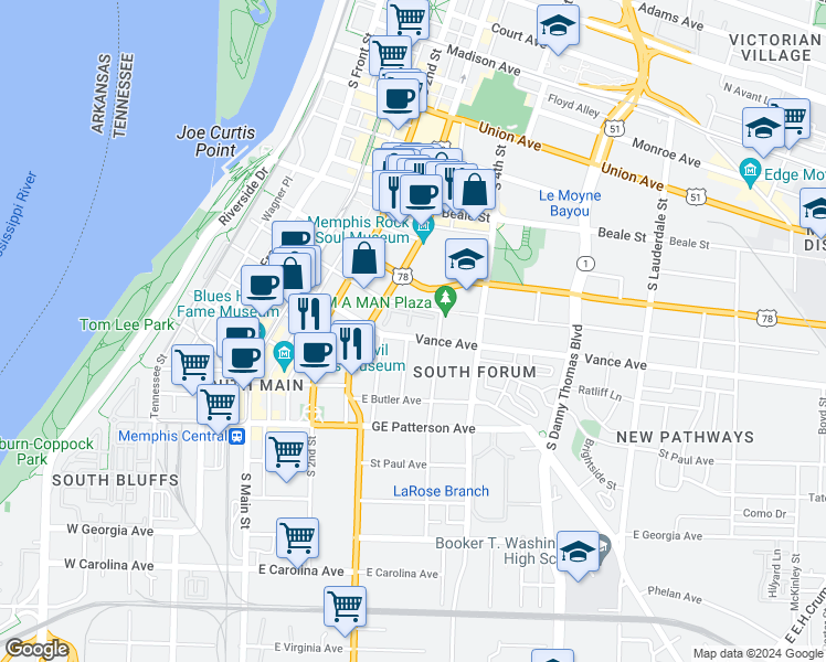 map of restaurants, bars, coffee shops, grocery stores, and more near 320 Bishop Row Drive in Memphis