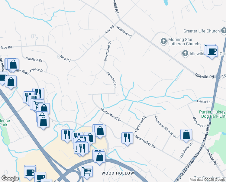 map of restaurants, bars, coffee shops, grocery stores, and more near 1309 Forest Wood Drive in Matthews