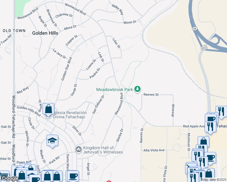 map of restaurants, bars, coffee shops, grocery stores, and more near 21811 Westwood Boulevard in Tehachapi