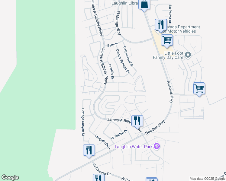 map of restaurants, bars, coffee shops, grocery stores, and more near 2231 Pebble Creek Lane in Laughlin