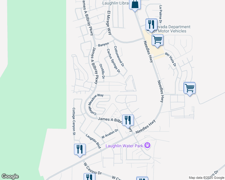 map of restaurants, bars, coffee shops, grocery stores, and more near 2152 High Dunes Lane in Laughlin