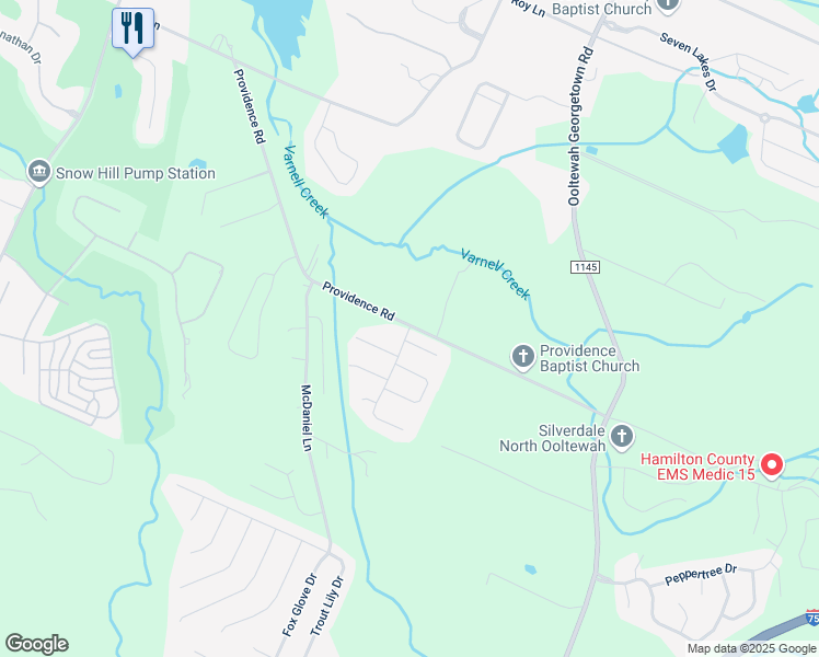 map of restaurants, bars, coffee shops, grocery stores, and more near 8430 Providence Road in Ooltewah