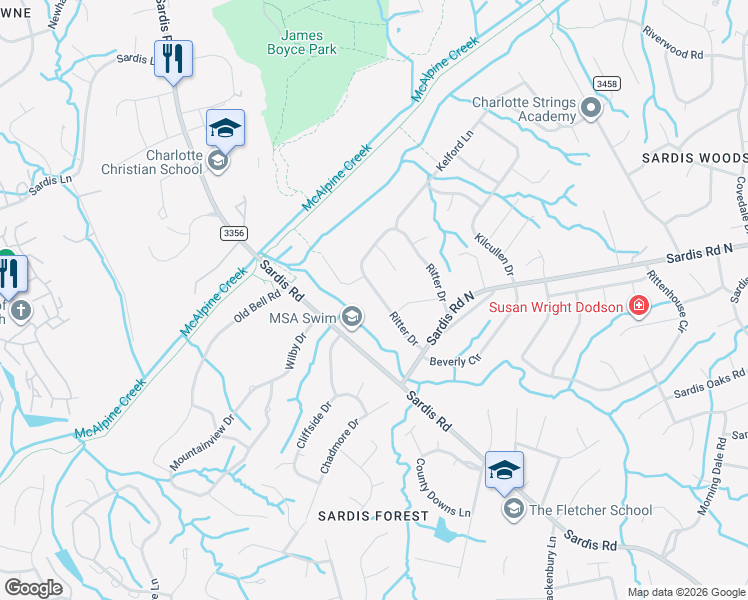 map of restaurants, bars, coffee shops, grocery stores, and more near 7902 Ritter Drive in Charlotte