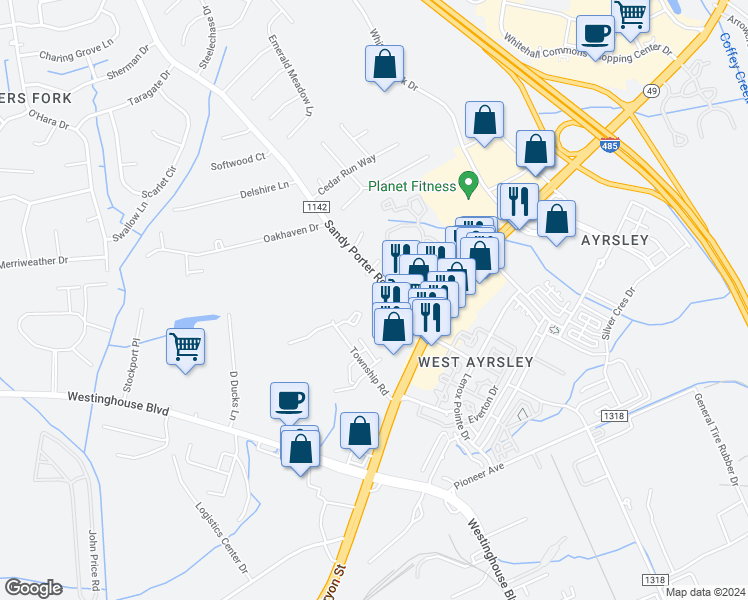 map of restaurants, bars, coffee shops, grocery stores, and more near 2415 Sandy Porter Road in Charlotte