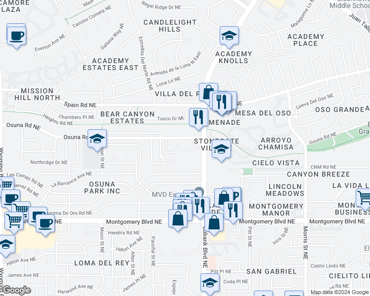 map of restaurants, bars, coffee shops, grocery stores, and more near 4821 Eubank Boulevard Northeast in Albuquerque