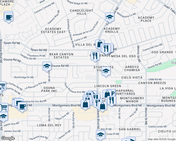 map of restaurants, bars, coffee shops, grocery stores, and more near 4821 Eubank Boulevard Northeast in Albuquerque