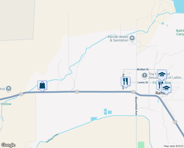 map of restaurants, bars, coffee shops, grocery stores, and more near 20 Tiny Carter Drive in Ramah