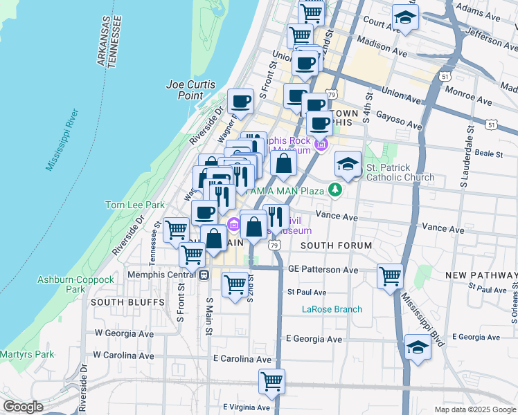 map of restaurants, bars, coffee shops, grocery stores, and more near 161 Vance Avenue in Memphis
