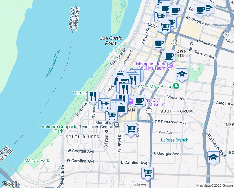 map of restaurants, bars, coffee shops, grocery stores, and more near 411 South Front Street in Memphis