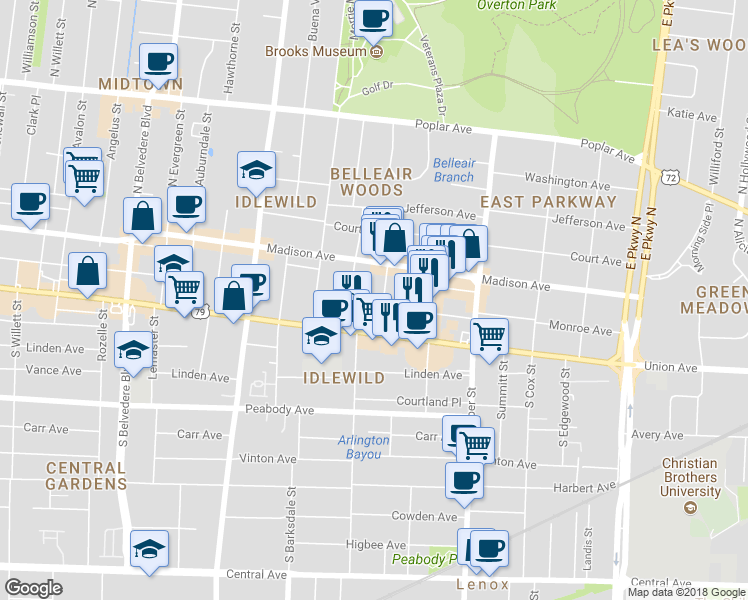 map of restaurants, bars, coffee shops, grocery stores, and more near 37 South Morrison Street in Memphis