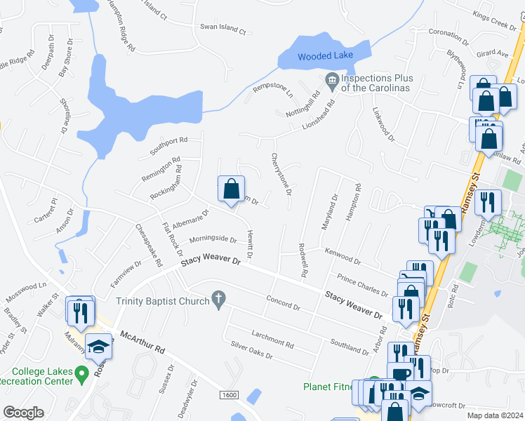 map of restaurants, bars, coffee shops, grocery stores, and more near 417 Nottingham Drive in Fayetteville