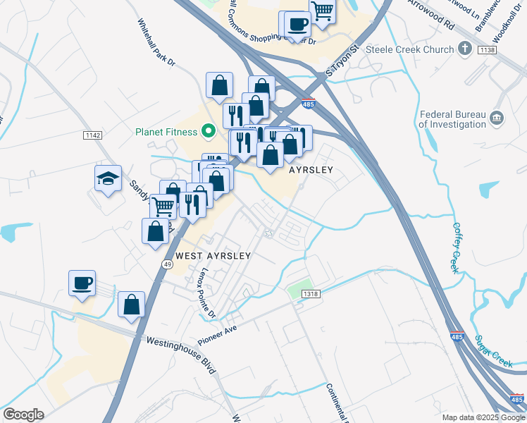 map of restaurants, bars, coffee shops, grocery stores, and more near 8351 Scotney Bluff Avenue in Charlotte