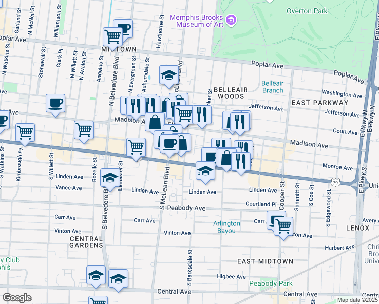 map of restaurants, bars, coffee shops, grocery stores, and more near 44 South Barksdale Street in Memphis
