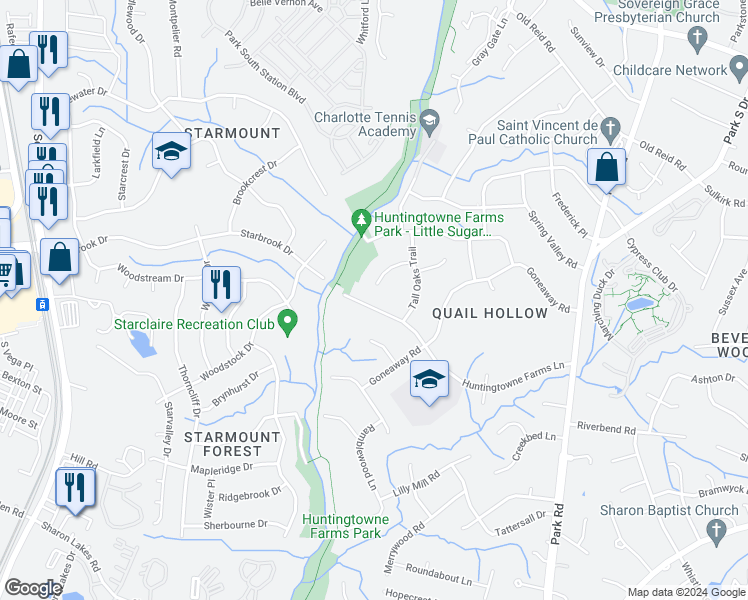 map of restaurants, bars, coffee shops, grocery stores, and more near 2301 Huntingtowne Farms Lane in Charlotte