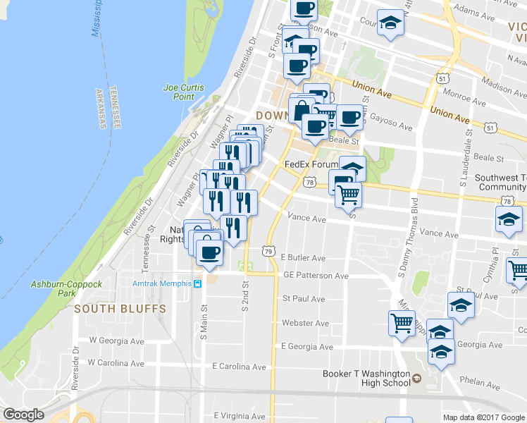 map of restaurants, bars, coffee shops, grocery stores, and more near 161 Vance Avenue in Memphis