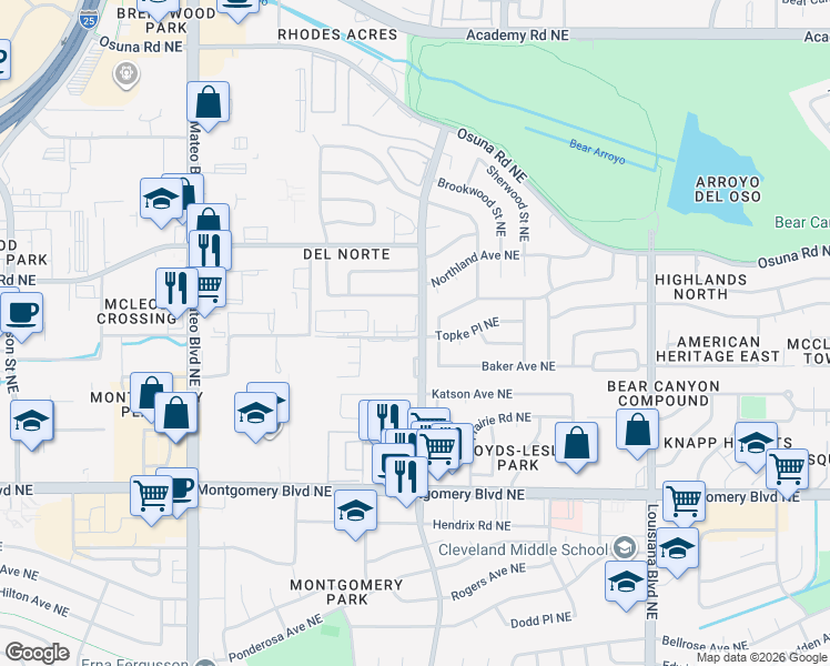 map of restaurants, bars, coffee shops, grocery stores, and more near 4401 San Pedro Drive Northeast in Albuquerque