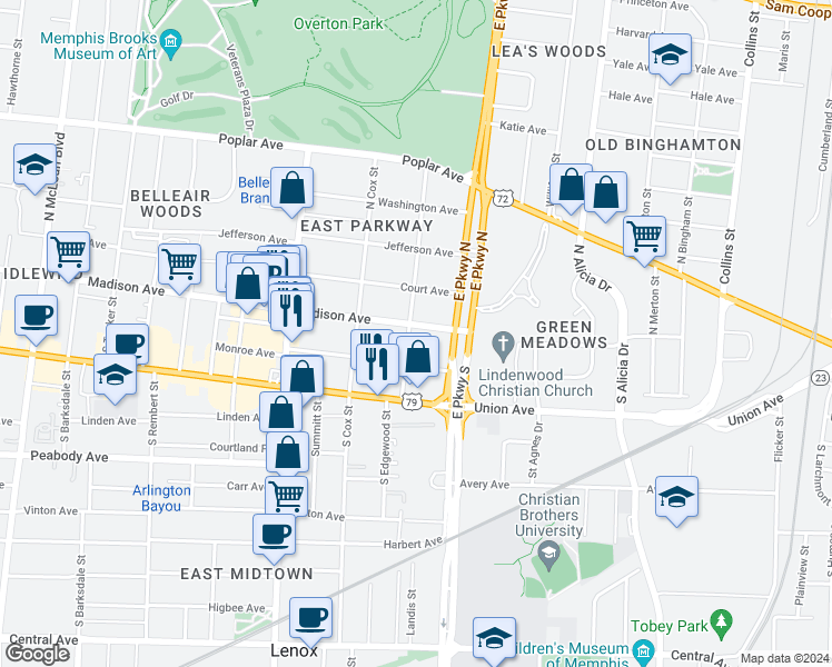 map of restaurants, bars, coffee shops, grocery stores, and more near 2283 Madison Avenue in Memphis