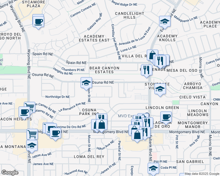 map of restaurants, bars, coffee shops, grocery stores, and more near 9232 Evangeline Avenue Northeast in Albuquerque