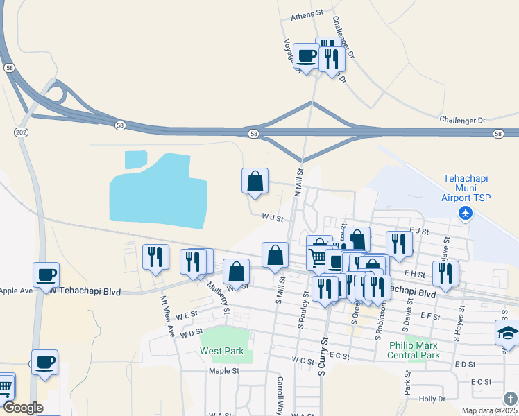 map of restaurants, bars, coffee shops, grocery stores, and more near 421 West J Street in Tehachapi