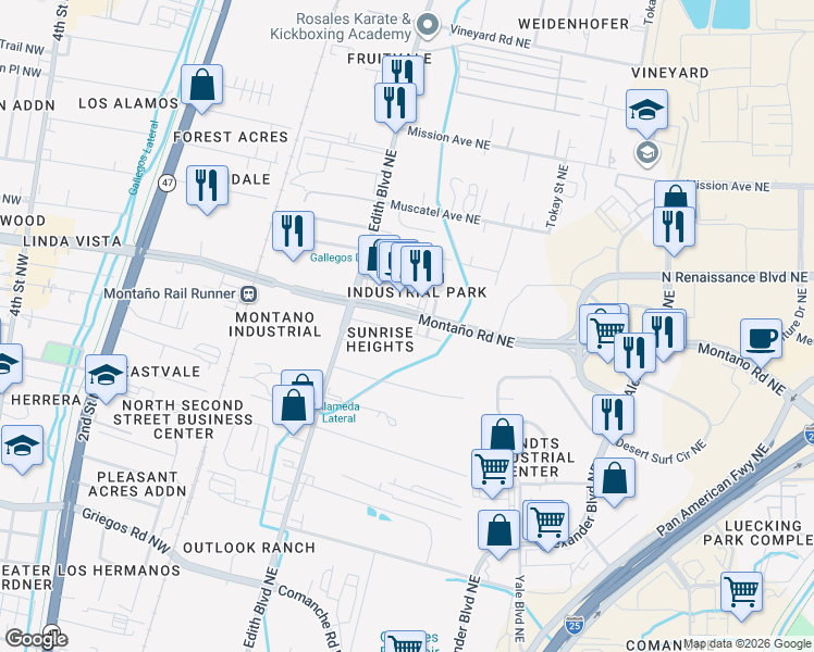 map of restaurants, bars, coffee shops, grocery stores, and more near 411 Tahoe Place Northeast in Albuquerque