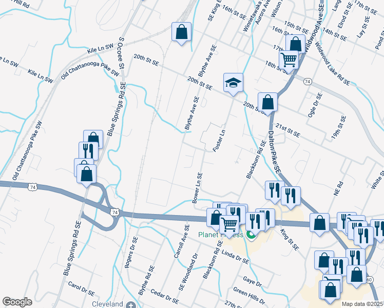 map of restaurants, bars, coffee shops, grocery stores, and more near 804 Southforke Way Southeast in Cleveland
