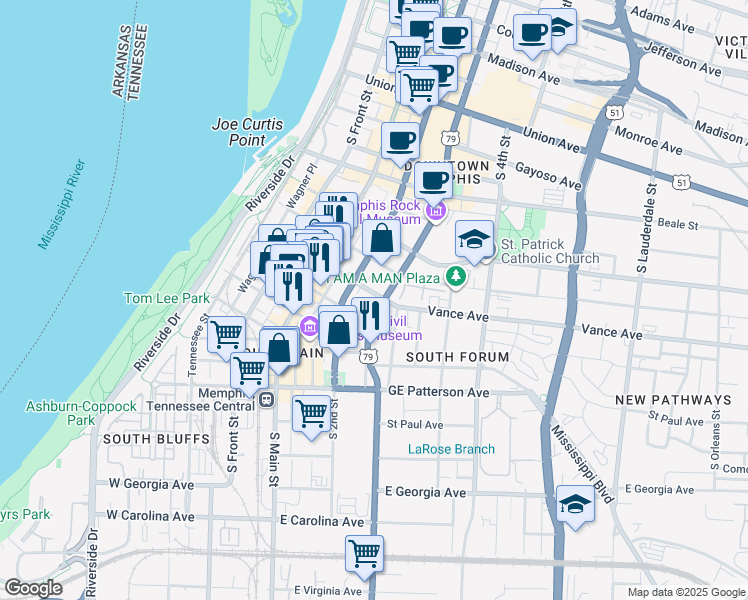 map of restaurants, bars, coffee shops, grocery stores, and more near 161 Vance Avenue in Memphis