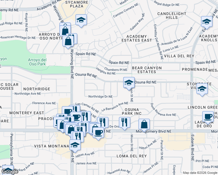 map of restaurants, bars, coffee shops, grocery stores, and more near 4904 Piedra Rosa Street Northeast in Albuquerque