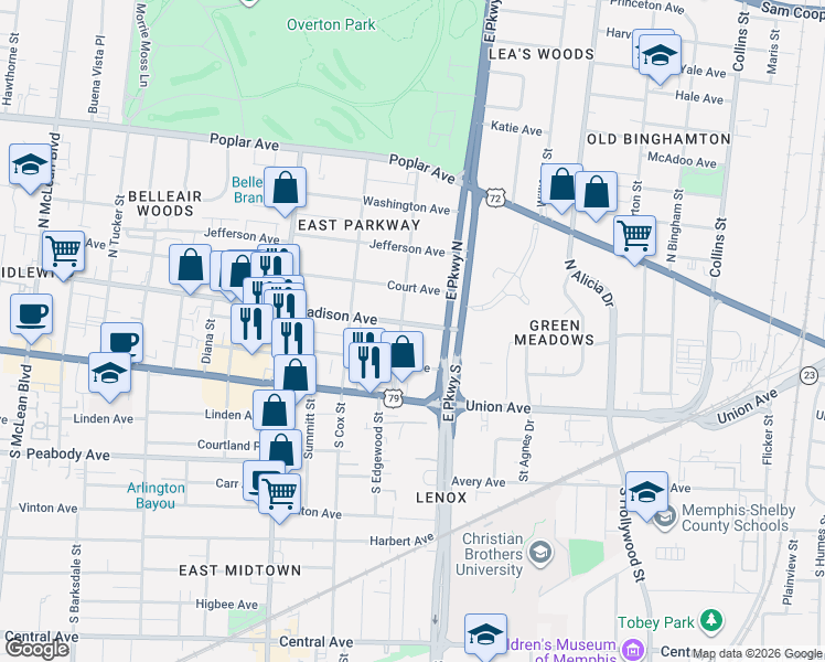 map of restaurants, bars, coffee shops, grocery stores, and more near 2291 Madison Avenue in Memphis
