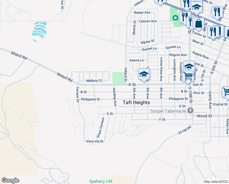 map of restaurants, bars, coffee shops, grocery stores, and more near B Street & Harding Avenue in Taft
