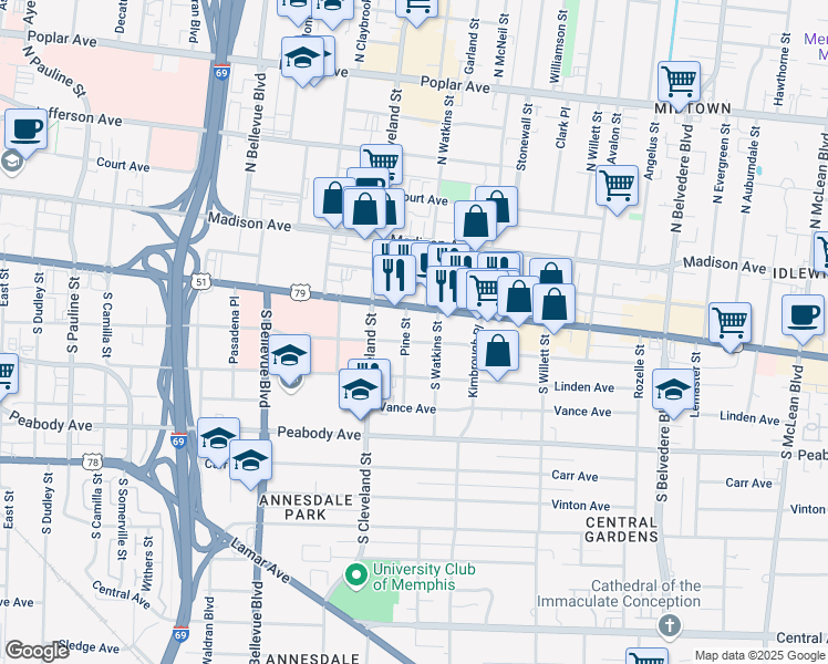 map of restaurants, bars, coffee shops, grocery stores, and more near 1396 Eastmoreland Avenue in Memphis