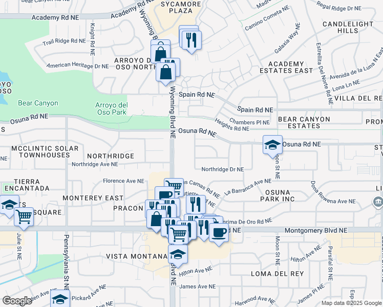 map of restaurants, bars, coffee shops, grocery stores, and more near 4905 General Bradley Street Northeast in Albuquerque