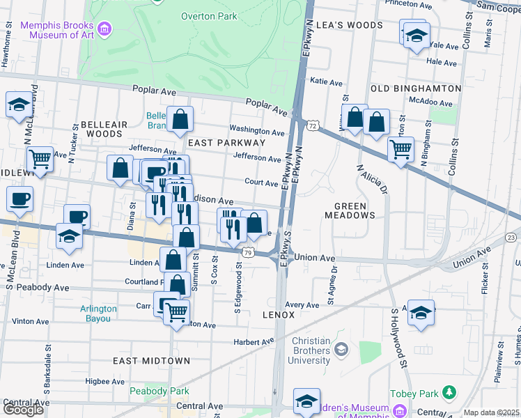 map of restaurants, bars, coffee shops, grocery stores, and more near 2291 Madison Avenue in Memphis