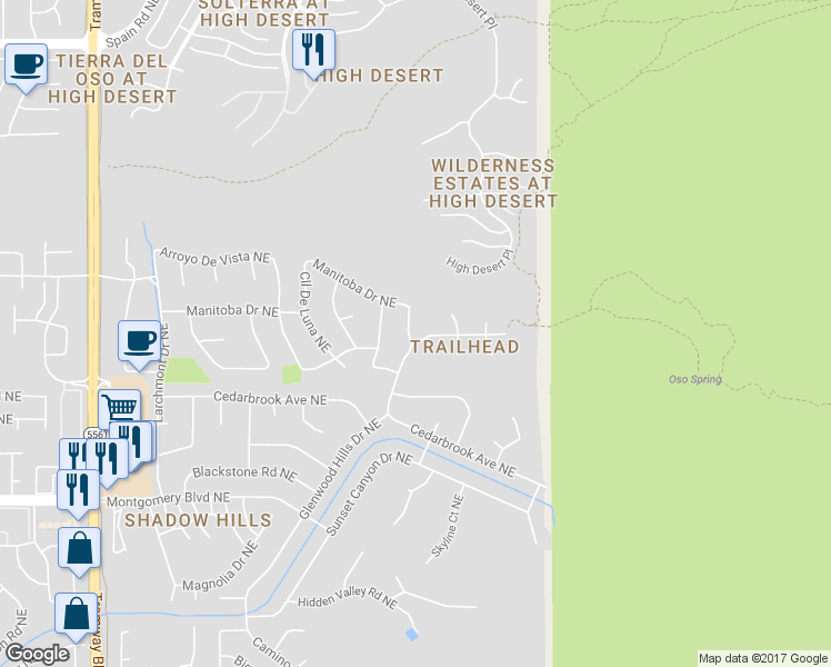 map of restaurants, bars, coffee shops, grocery stores, and more near 5000 Glenwood Hills Drive Northeast in Albuquerque