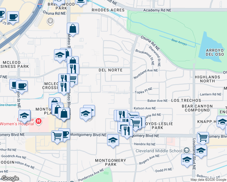map of restaurants, bars, coffee shops, grocery stores, and more near 6001 Topke Place Northeast in Albuquerque