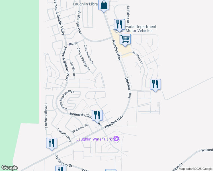 map of restaurants, bars, coffee shops, grocery stores, and more near 2036 Mesquite Lane in Laughlin