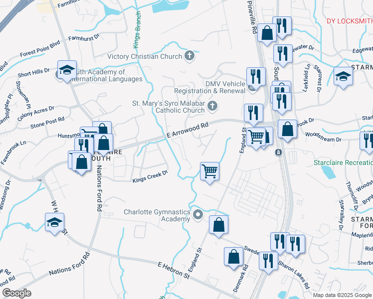 map of restaurants, bars, coffee shops, grocery stores, and more near 535 Branch Way Court in Charlotte