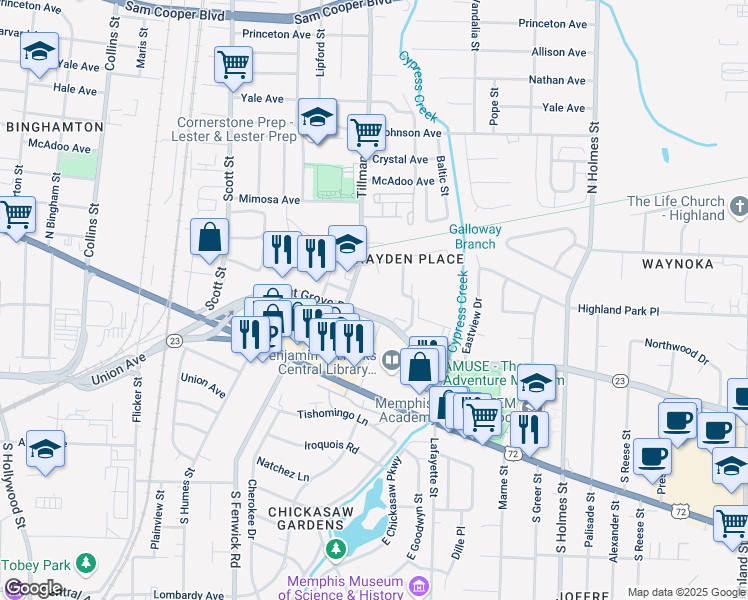 map of restaurants, bars, coffee shops, grocery stores, and more near 3030 Walnut Grove Road in Memphis