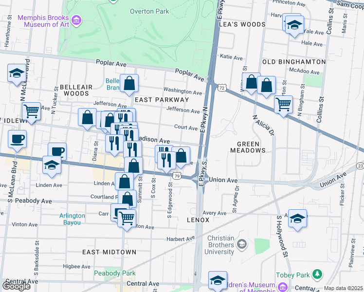 map of restaurants, bars, coffee shops, grocery stores, and more near 2291 Madison Avenue in Memphis