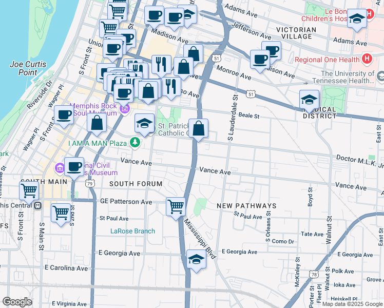 map of restaurants, bars, coffee shops, grocery stores, and more near in Memphis