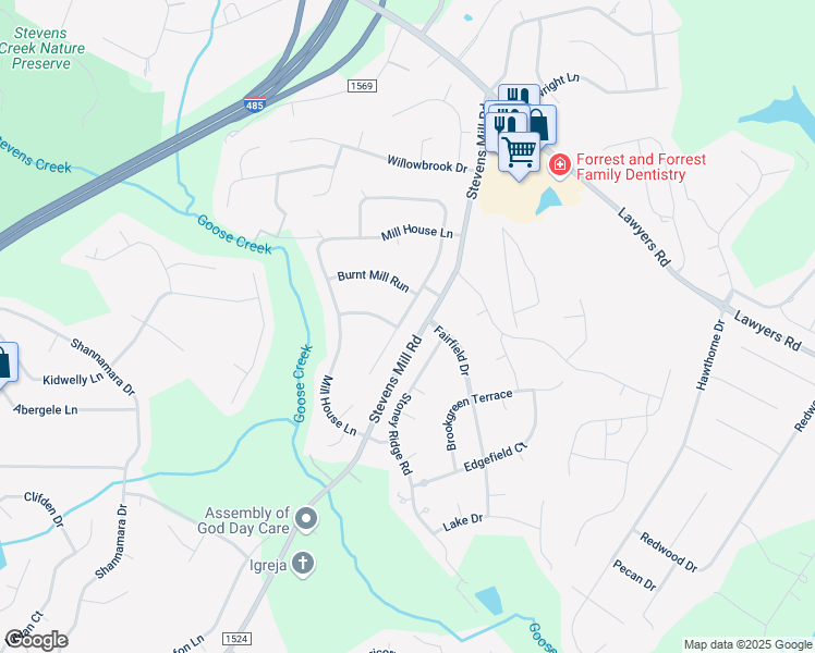 map of restaurants, bars, coffee shops, grocery stores, and more near 8102 Hunley Ridge Road in Matthews