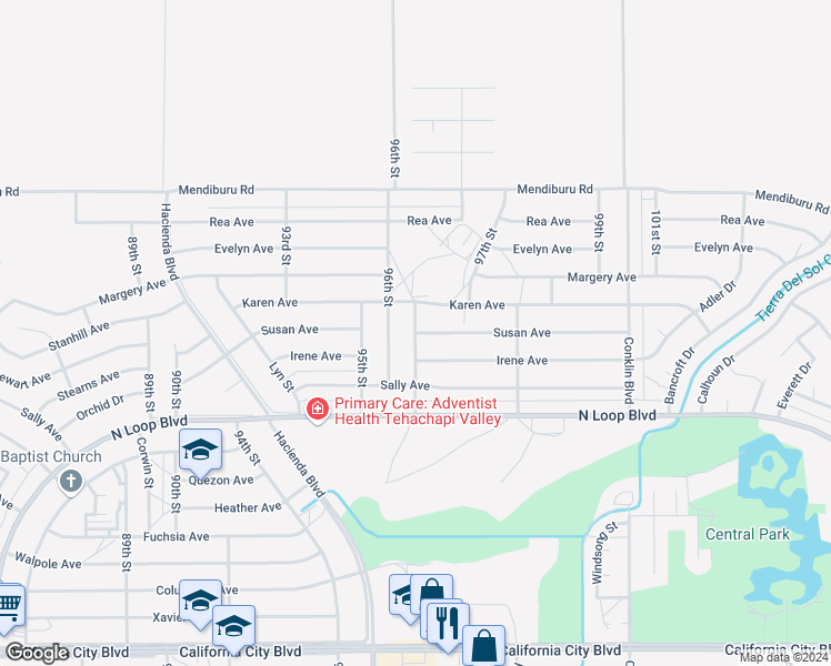 map of restaurants, bars, coffee shops, grocery stores, and more near Susan Avenue in California City