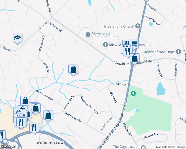 map of restaurants, bars, coffee shops, grocery stores, and more near 3424 Oscar Drive in Matthews