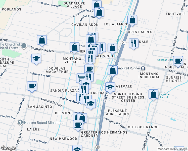 map of restaurants, bars, coffee shops, grocery stores, and more near 316 Natalie Avenue Northwest in Albuquerque