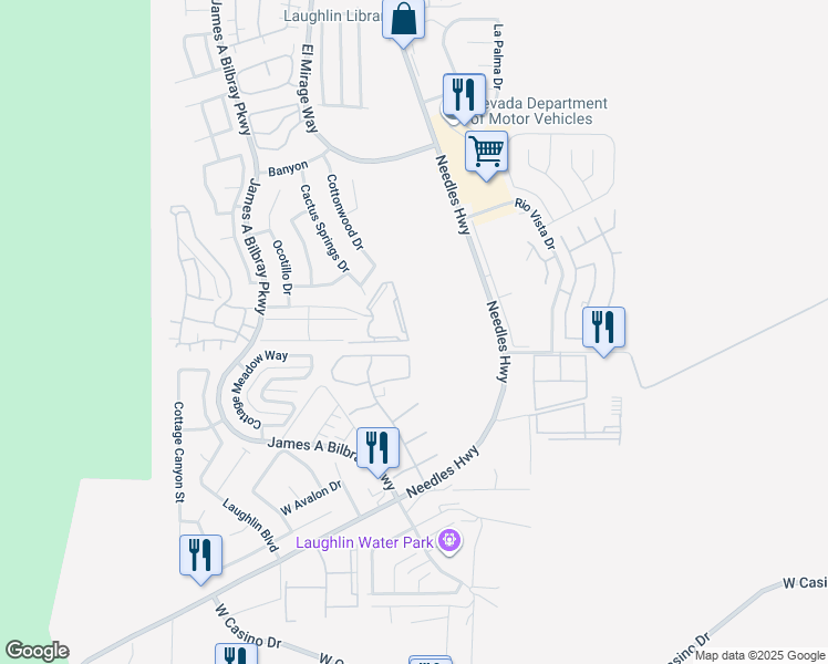 map of restaurants, bars, coffee shops, grocery stores, and more near 2036 Mesquite Lane in Laughlin