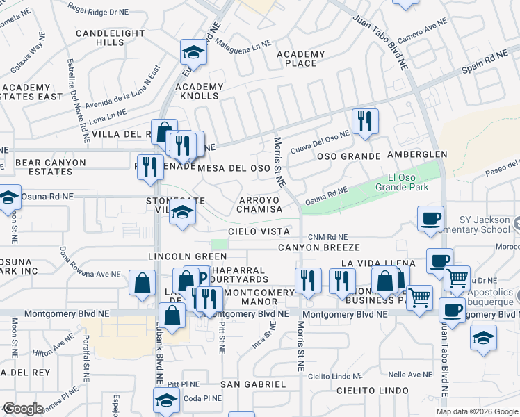 map of restaurants, bars, coffee shops, grocery stores, and more near 4949 Arroyo Chamisa Road Northeast in Albuquerque