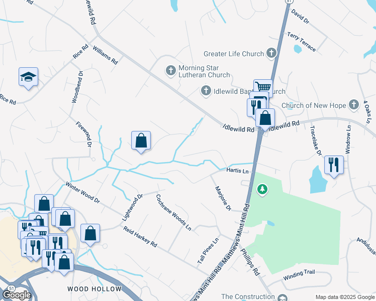 map of restaurants, bars, coffee shops, grocery stores, and more near 3424 Oscar Drive in Matthews
