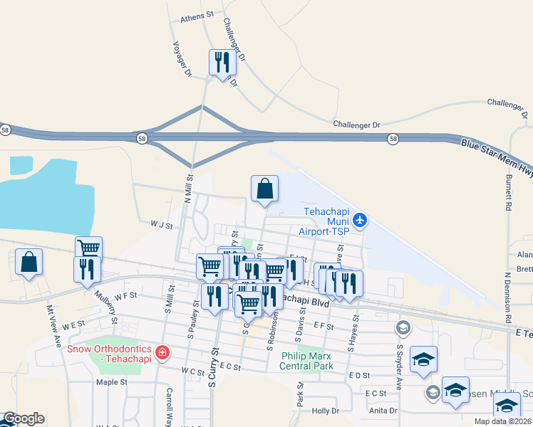 map of restaurants, bars, coffee shops, grocery stores, and more near 413 North Green Street in Tehachapi
