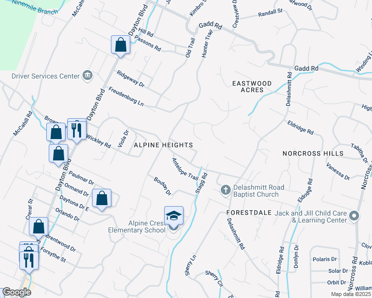 map of restaurants, bars, coffee shops, grocery stores, and more near 416 Marlow Drive in Chattanooga