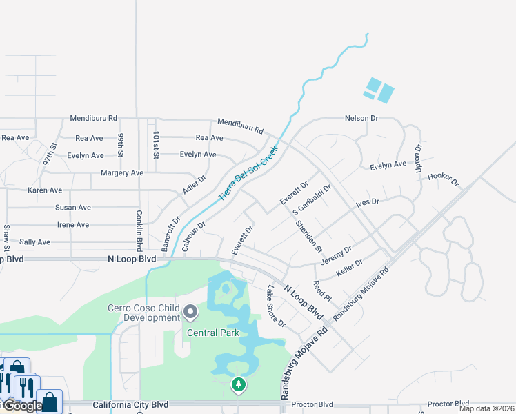 map of restaurants, bars, coffee shops, grocery stores, and more near 21724 Darrow Drive in California City