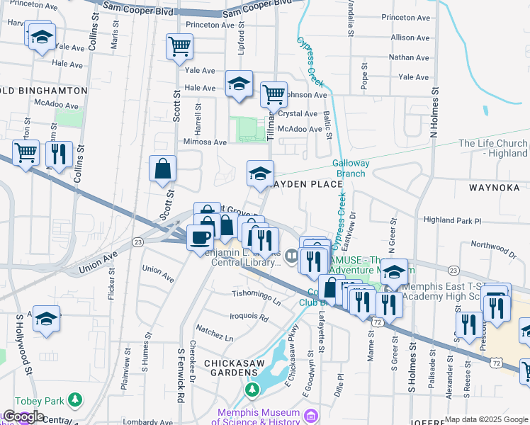 map of restaurants, bars, coffee shops, grocery stores, and more near 2956 Walnut Grove Road in Memphis